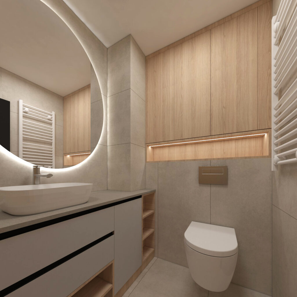 minimalistyczna łazienka w drewnie i szarości