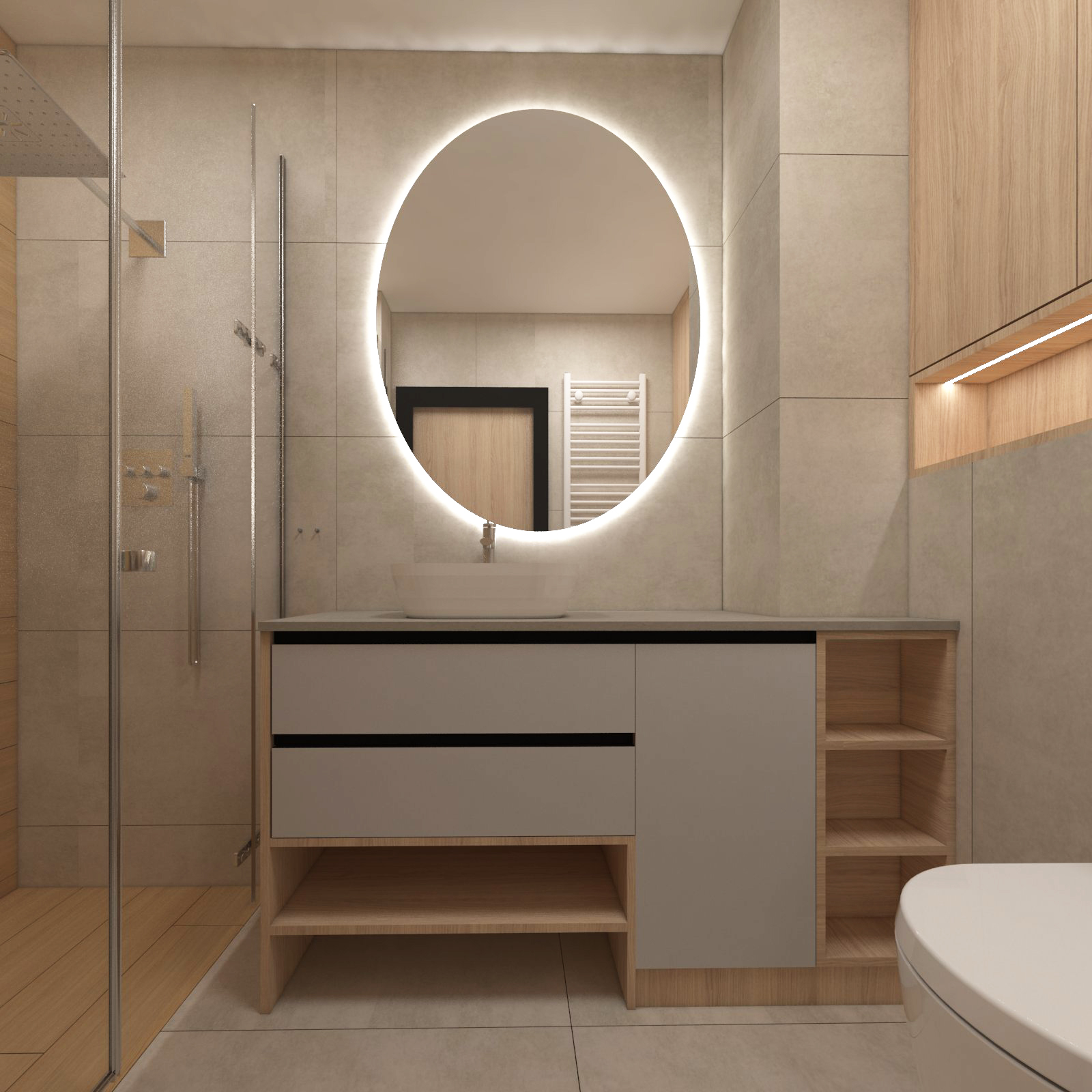 minimalistyczna łazienka w drewnie i szarości