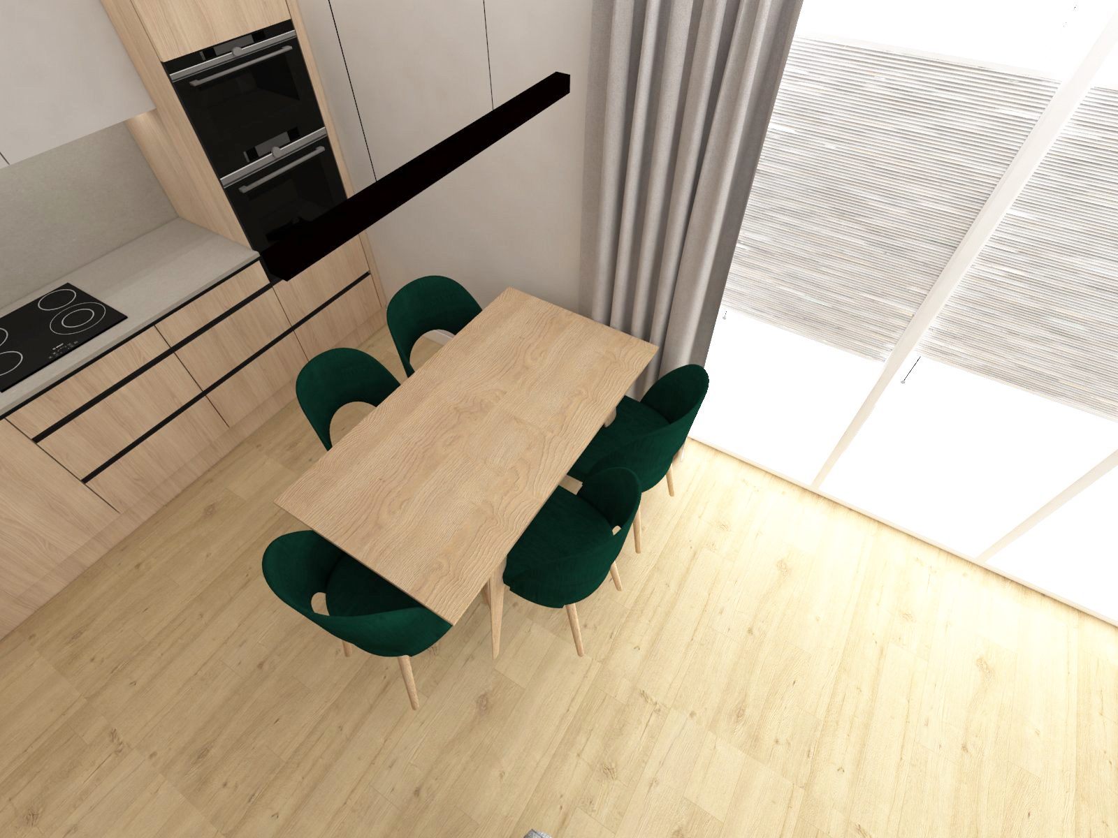 mieszkanie w drewnie, szarości i butelkowej zieleni