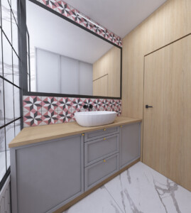 łazienka z różowymi płytkami